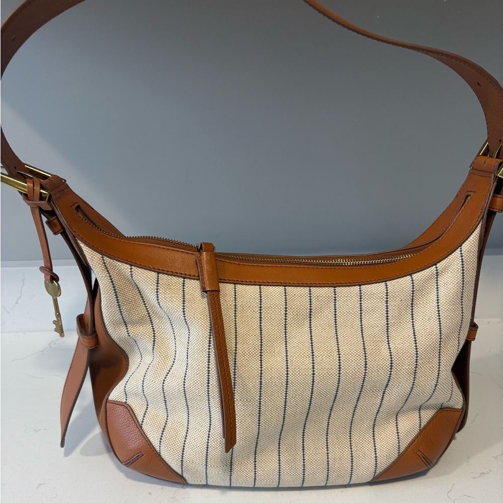 Fossil Tan Leather-Trimmed Beige canvas Striped Shoulder Bag